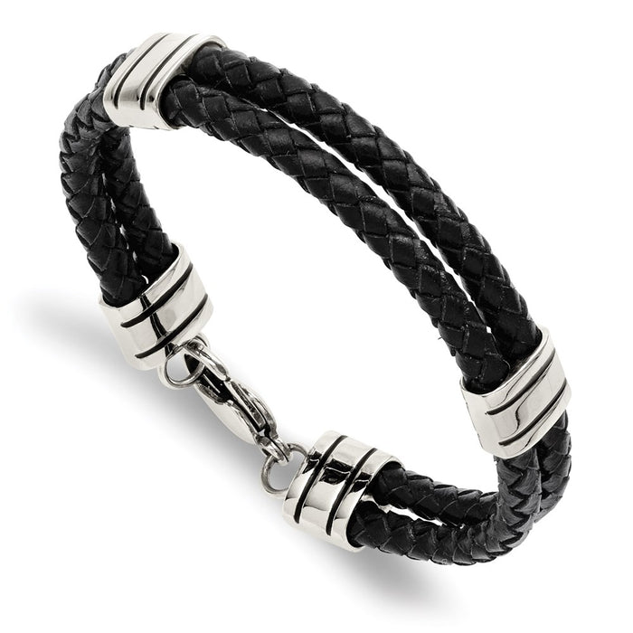 Chisel Brand Jewelry, Stainless Steel Black Leather 9in Bracelet