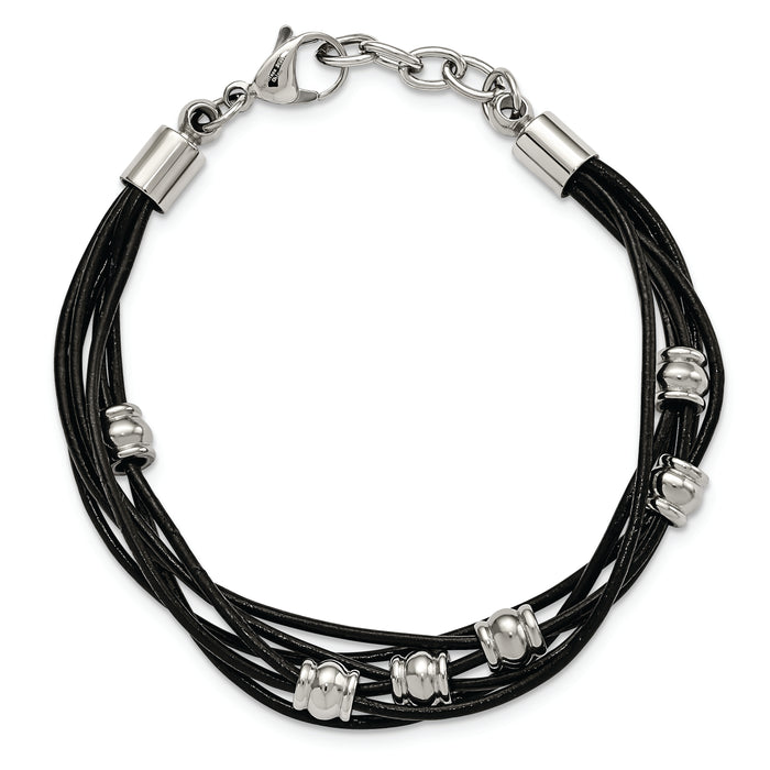 Chisel Brand Jewelry, Stainless Steel Black Leather & Polished Beaded Multi Strand Bracelet