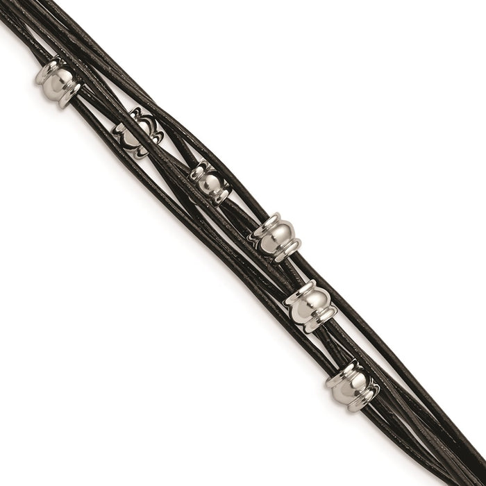 Chisel Brand Jewelry, Stainless Steel Black Leather & Polished Beaded Multi Strand Bracelet