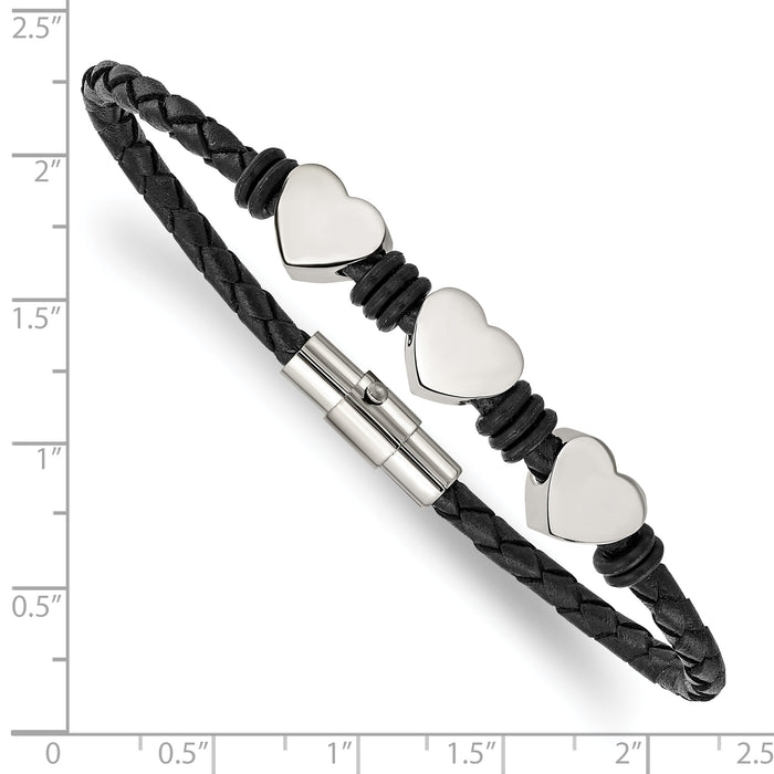 Chisel Brand Jewelry, Stainless Steel Black Leather with Polished Hearts 7.5in Bracelet