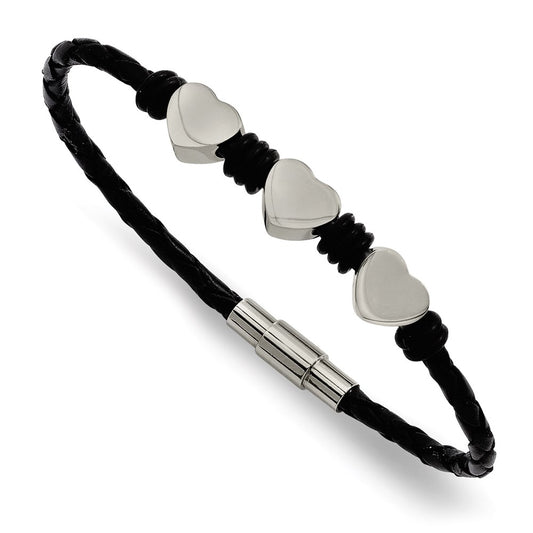 Chisel Brand Jewelry, Stainless Steel Black Leather with Polished Hearts 7.5in Bracelet