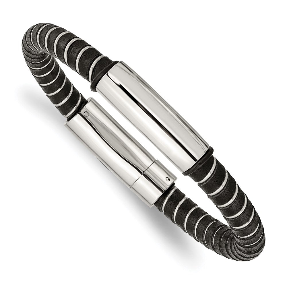 Chisel Brand Jewelry, Stainless Steel Black Leather 8.75in Men's Bracelet