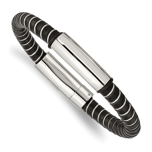 Chisel Brand Jewelry, Stainless Steel Black Leather 8.75in Men's Bracelet