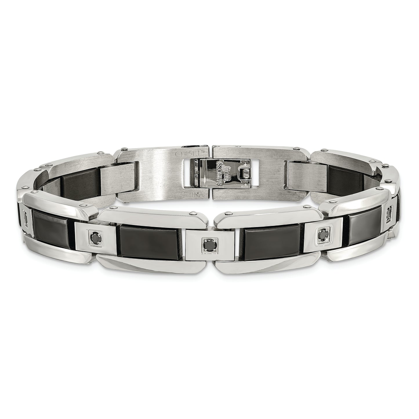 Chisel Brand Jewelry, Stainless Steel Black Enamel & Black Diamonds 8.75in Men's Bracelet