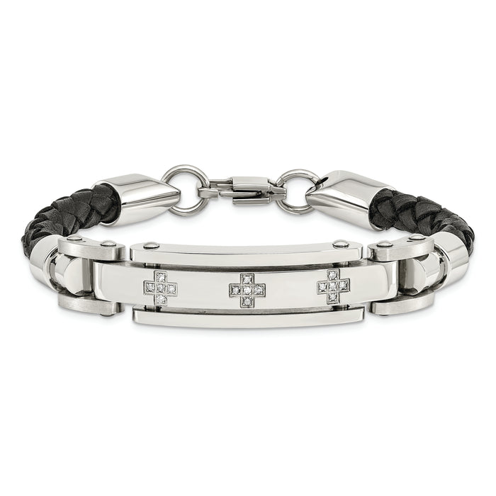 Chisel Brand Jewelry, Stainless Steel Black Leather & Diamond Crosses 8.25in Men's Bracelet