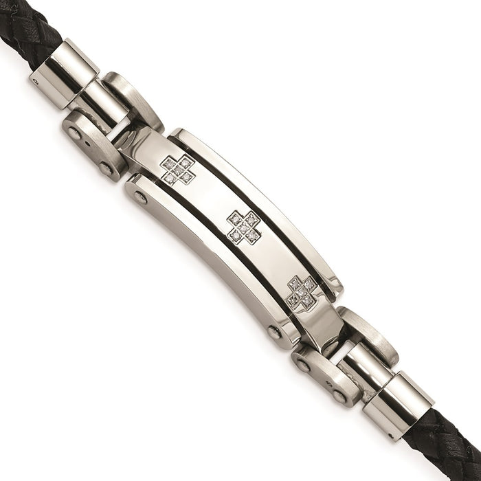 Chisel Brand Jewelry, Stainless Steel Black Leather & Diamond Crosses 8.25in Men's Bracelet