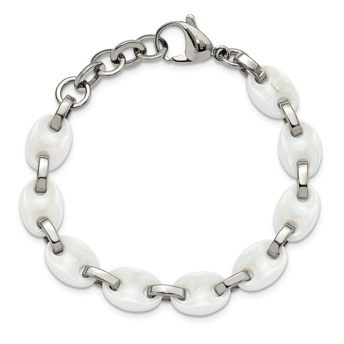 Chisel Brand Jewelry, Stainless Steel & White Ceramic 7in with 1in ext Bracelet