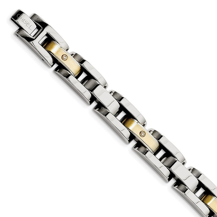 Chisel Brand Jewelry, Stainless Steel Brushed & Polished with 14k Accent with Diamonds 8.25in Men's Bracelet