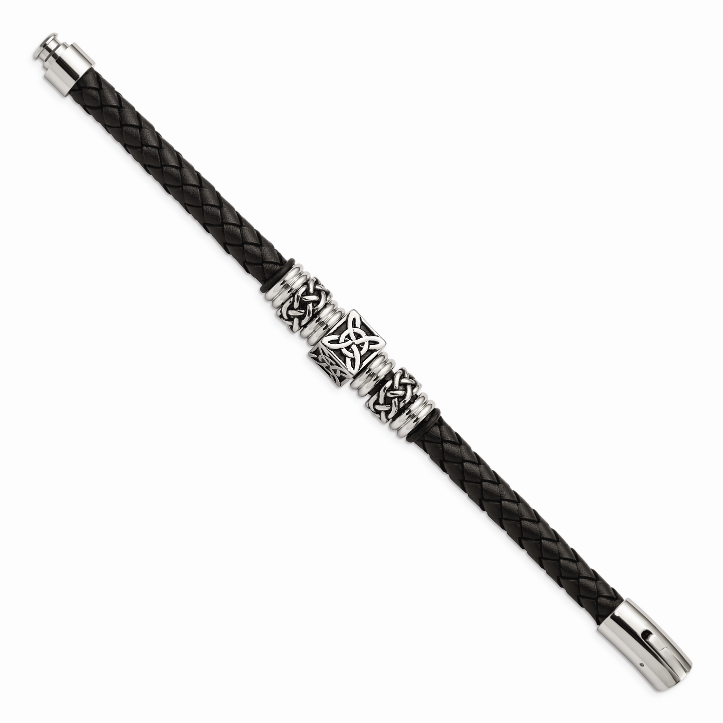 Chisel Brand Jewelry, Stainless Steel Black Leather with Antiqued Beads 8.5in Men's Bracelet
