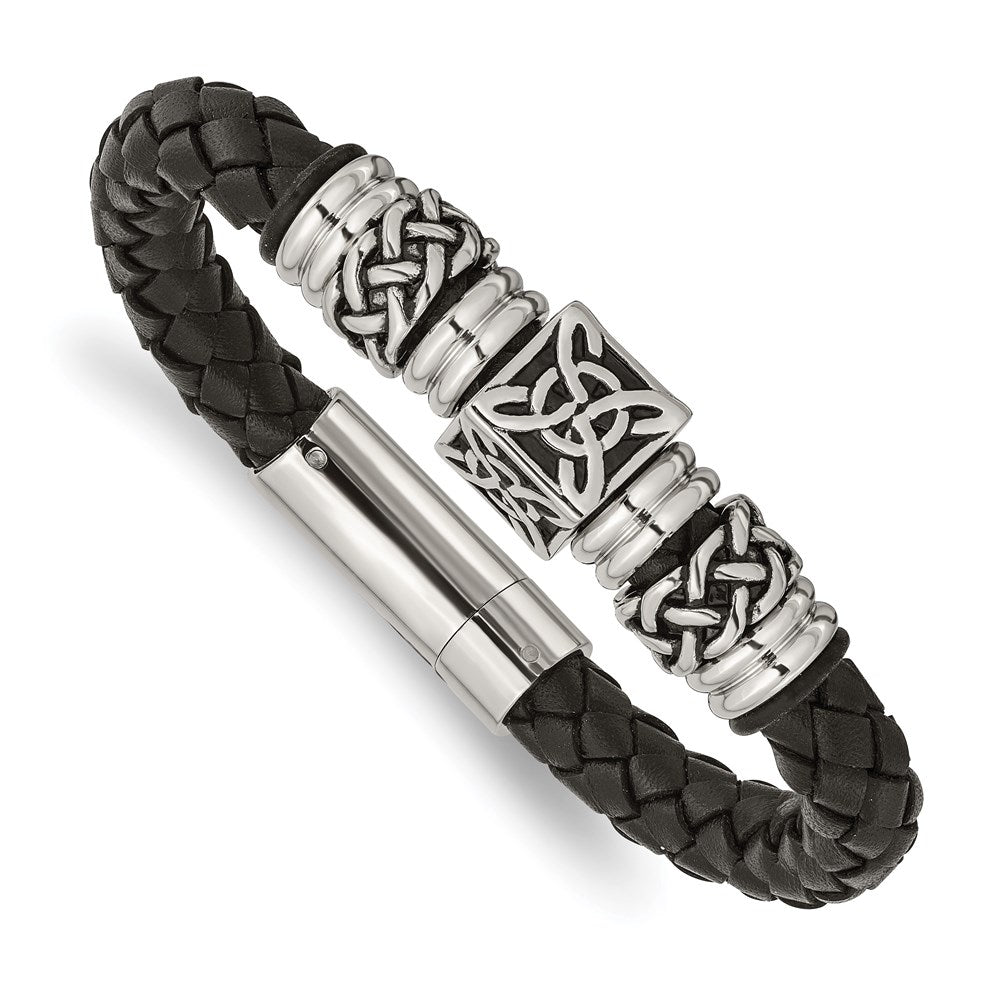 Chisel Brand Jewelry, Stainless Steel Black Leather with Antiqued Beads 8.5in Men's Bracelet