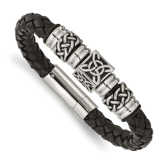 Chisel Brand Jewelry, Stainless Steel Black Leather with Antiqued Beads 8.5in Men's Bracelet