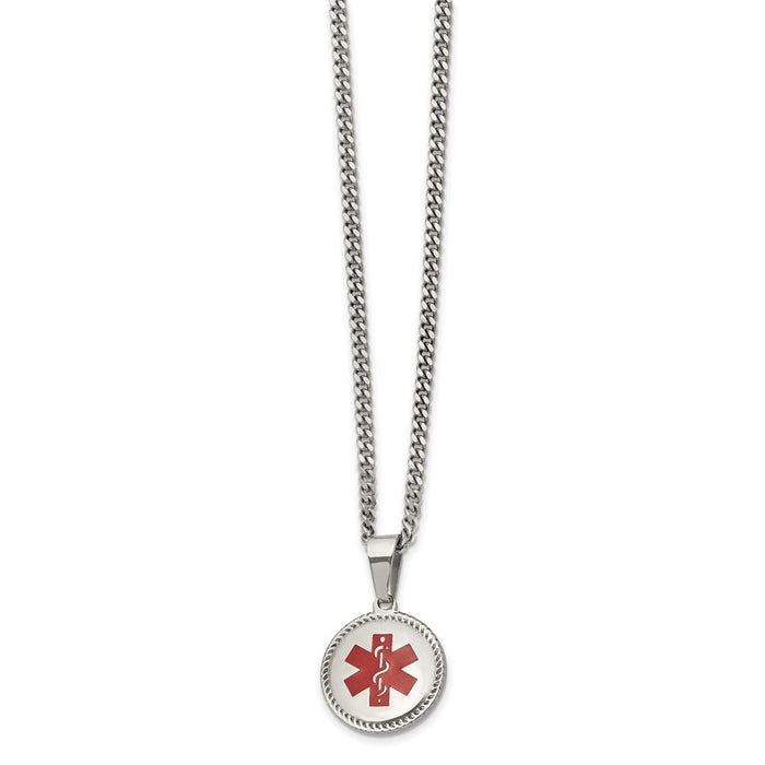 Chisel Brand Jewelry, Stainless Steel Polished with Red Enamel Circle Medical 20in Necklace