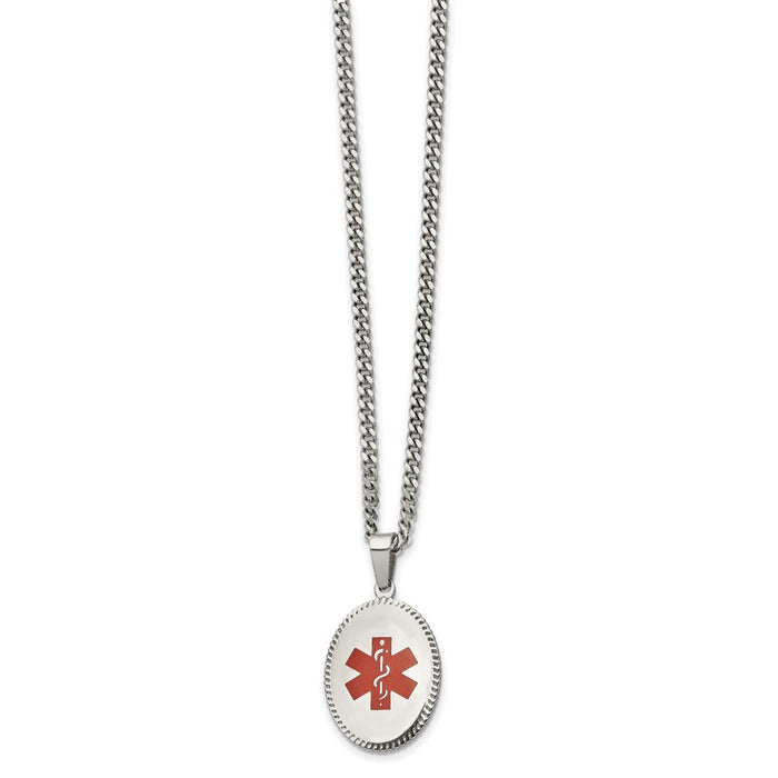 Chisel Brand Jewelry, Stainless Steel Polished with Red Enamel Oval Medical 20in Necklace