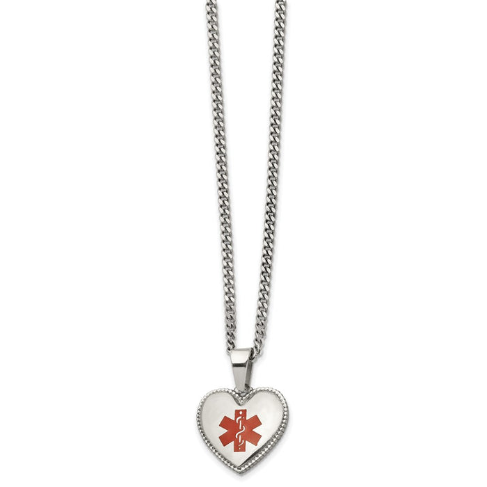 Chisel Brand Jewelry, Stainless Steel Polished with Red Enamel Heart Medical 20in Necklace
