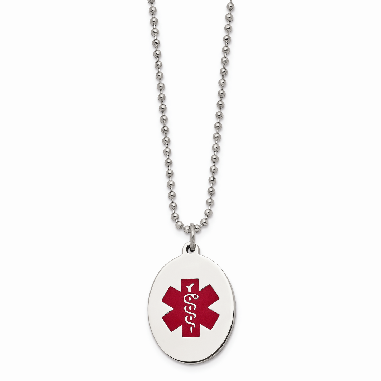 Chisel Brand Jewelry, Stainless Steel Red Enamel Oval Medical Pendant 22in Necklace
