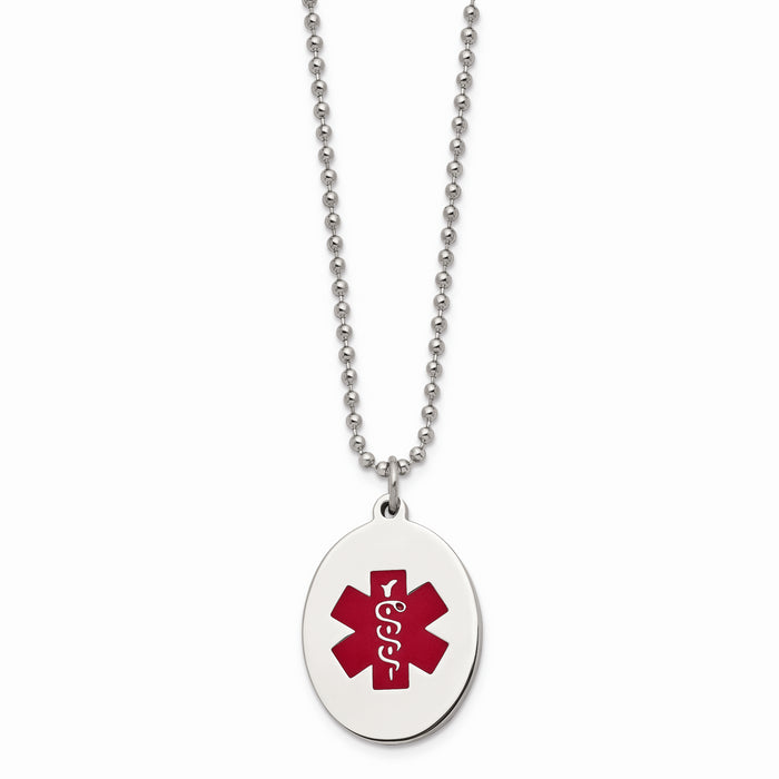 Chisel Brand Jewelry, Stainless Steel Red Enamel Oval Medical Pendant 22in Necklace