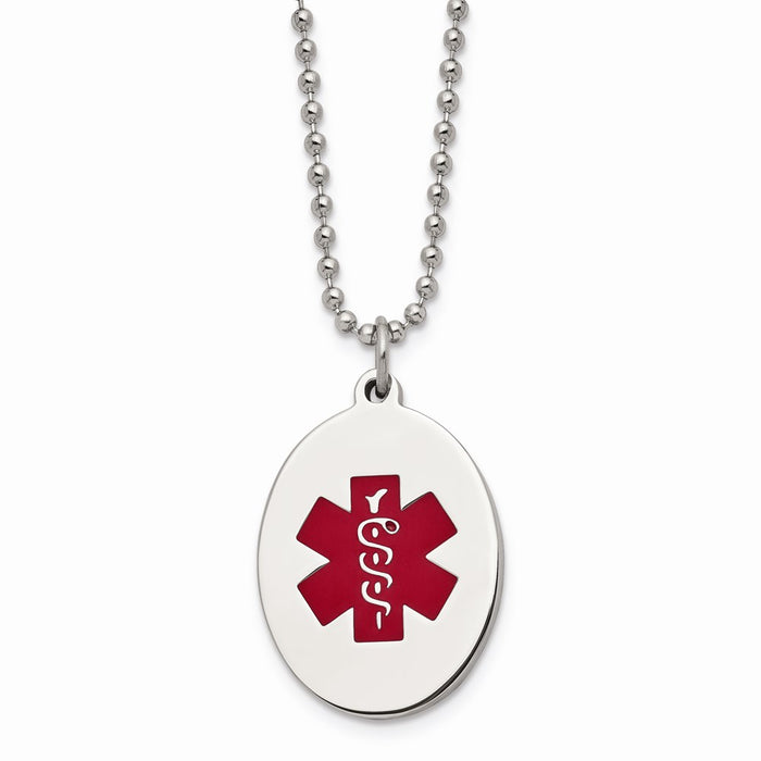Chisel Brand Jewelry, Stainless Steel Red Enamel Oval Medical Pendant 22in Necklace