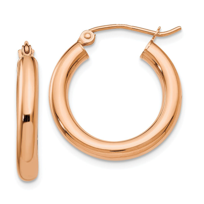 Million Charms 14k Rose Gold Polished 3mm Lightweight Tube Hoop Earrings, 20mm x 3mm