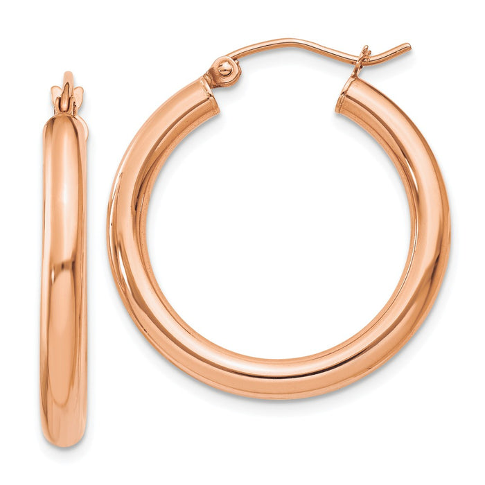 Million Charms 14k Rose Gold Polished 3mm Lightweight Tube Hoop Earrings, 25mm x 3mm