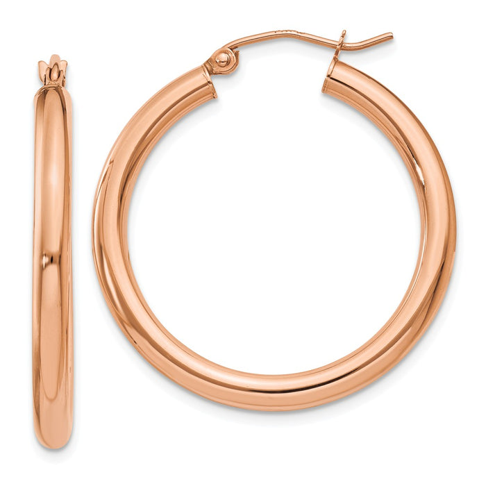 Million Charms 14k Rose Gold Polished 3mm Lightweight Tube Hoop Earrings, 30mm x 3mm