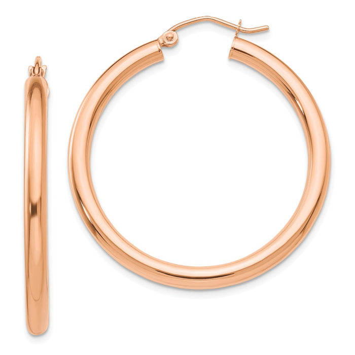 Million Charms 14k Rose Gold Polished 3mm Lightweight Tube Hoop Earrings, 35mm x 3mm