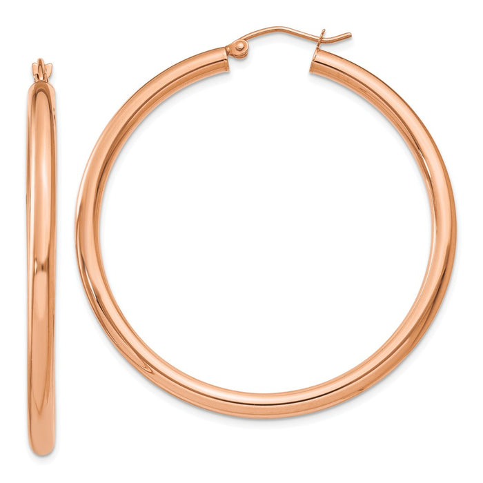 Million Charms 14k Rose Gold Polished 3mm Lightweight Tube Hoop Earrings, 45mm x 3mm