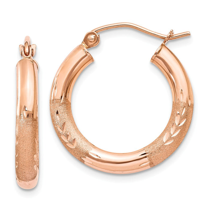 Million Charms 14k Rose Gold 3mm Satin & Diamond-cut Hoop Earrings, 14mm x 3mm