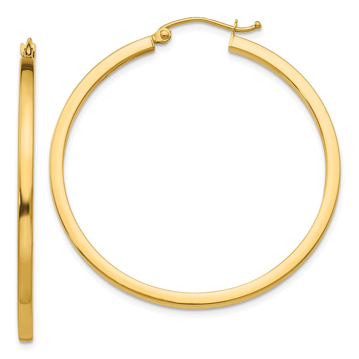 Million Charms 14k Yellow Gold 2mm Square Tube Hoop Earrings, 40mm x 2mm