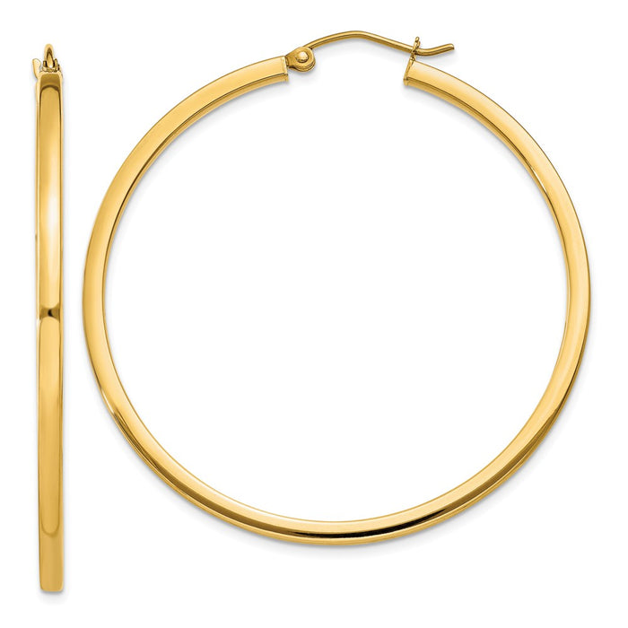 Million Charms 14k Yellow Gold 2mm Square Tube Hoop Earrings, 45mm x 2mm
