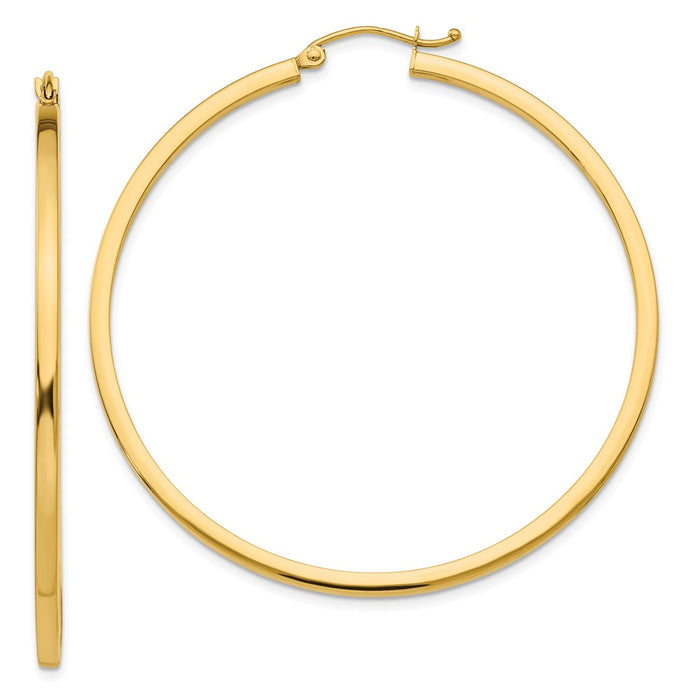 Million Charms 14k Yellow Gold 2mm Square Tube Hoop Earrings, 50mm x 2mm