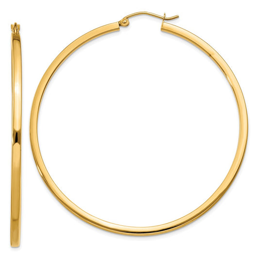 Million Charms 14k Yellow Gold 2mm Square Tube Hoop Earrings, 55mm x 2mm
