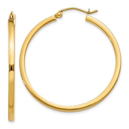 Million Charms 14k Yellow Gold 2mm Square Tube Hoop Earrings, 35mm x 2mm