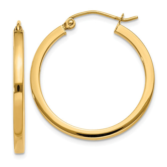 Million Charms 14k Yellow Gold 2mm Square Tube Hoop Earrings, 25mm x 2mm