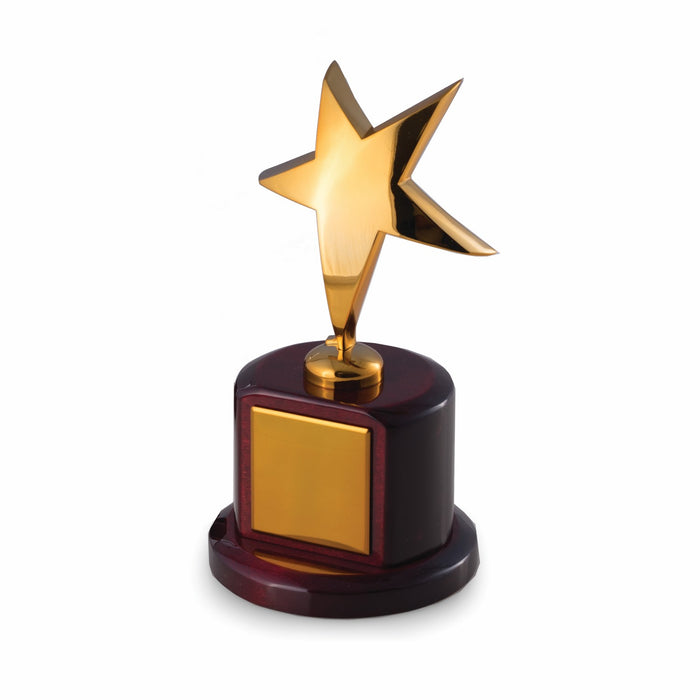 Occasion Gallery Rosewood/Gold Color Gold Plated Star Trophy on Lacquered Rosewood Base with 2 1/4" x 2 1/8" Plate.  4.5 L x 4.5 W x 8.25 H in.
