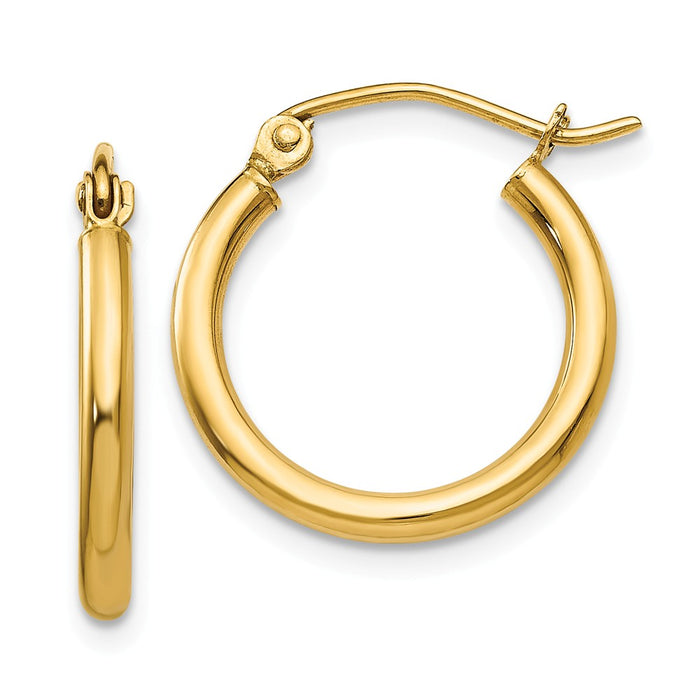 Million Charms 14k Yellow Gold Polished 2mm Lightweight Tube Hoop Earrings, 17mm x 2mm