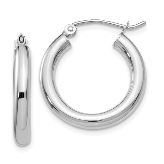 Million Charms 10K White Gold Polished 3mm Tube Hoop Earrings, 15mm x 3mm