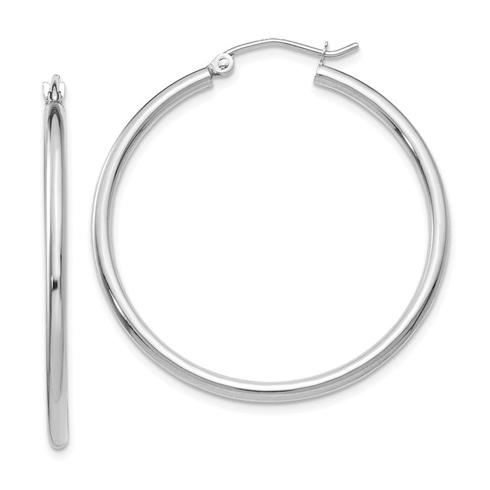 Million Charms 14K White Gold Polished 2mm Lightweight Tube Hoop Earrings, 35mm x 2mm