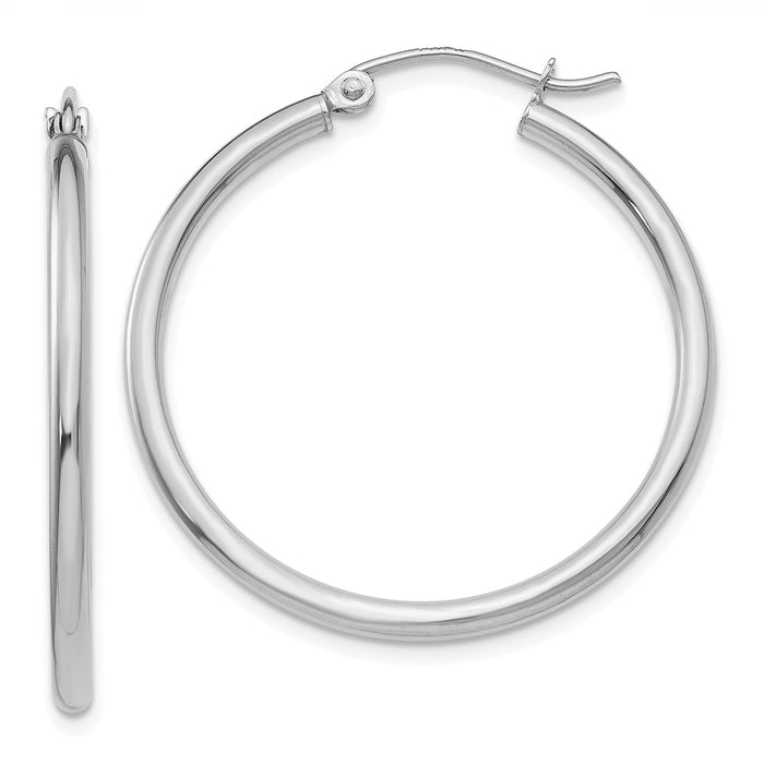 Million Charms 14K White Gold Polished 2mm Lightweight Tube Hoop Earrings, 30mm x 35mm