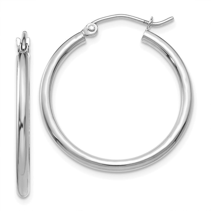 Million Charms 14K White Gold Polished 2mm Tube Hoop Earrings, 25mm x 2mm