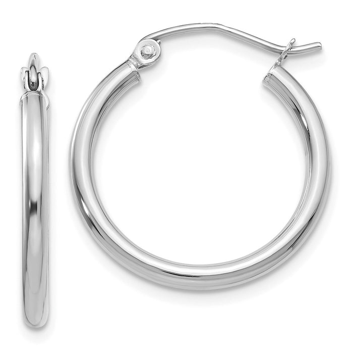 Million Charms 14K White Gold Polished 2mm Lightweight Tube Hoop Earrings, 20mm x 2mm