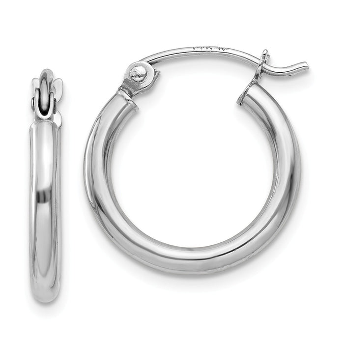 Million Charms 14K White Gold Polished 2mm Lightweight Tube Hoop Earrings, 15mm x 2mm