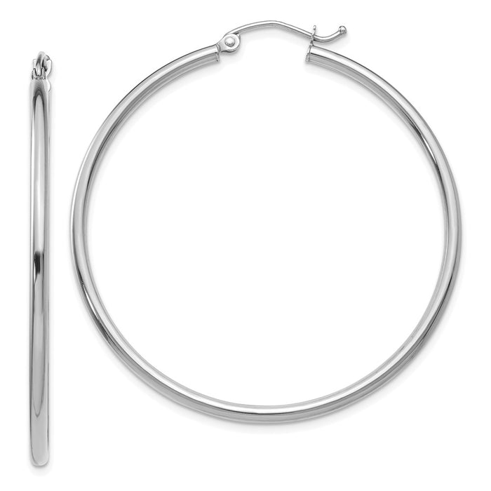 Million Charms 14K White Gold Polished 2mm Lightweight Tube Hoop Earrings, 45mm x 2mm