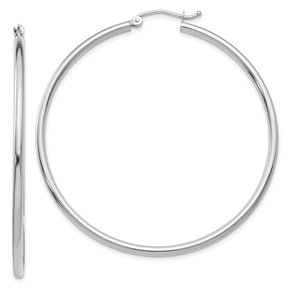 Million Charms 14K White Gold Polished 2mm Lightweight Tube Hoop Earrings, 50mm x 2mm