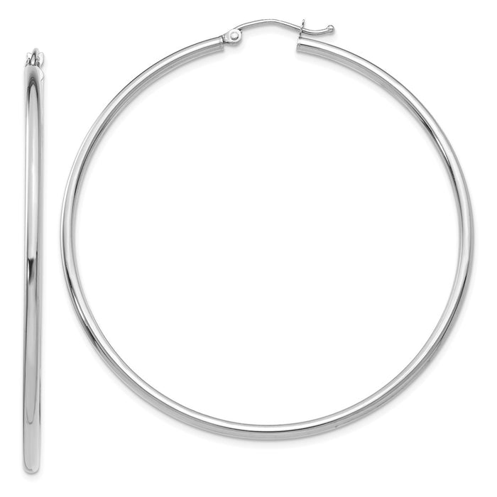 Million Charms 10K White Gold Polished 2mm Tube Hoop Earrings, 52mm x 2mm