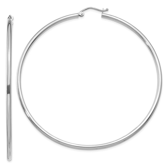 Million Charms 14K White Gold Polished 2mm Lightweight Tube Hoop Earrings, 65mm x 2mm