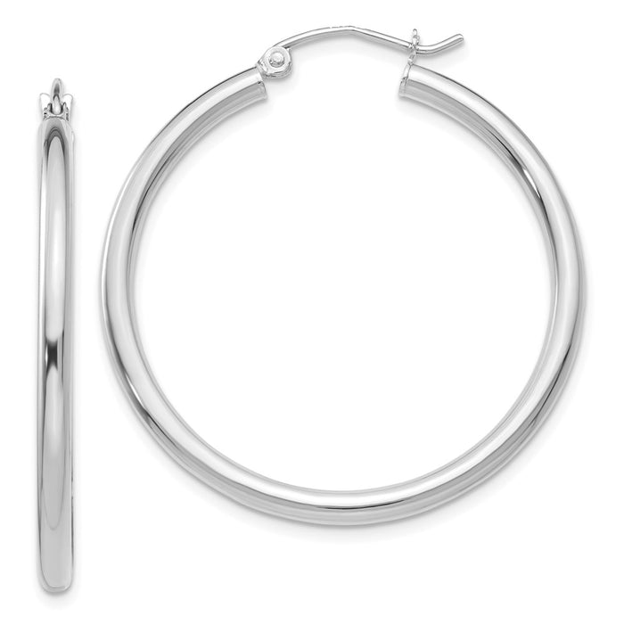 Million Charms 14K White Gold Polished 2.5mm Lightweight Tube Hoop Earrings, 35mm x 2.5mm