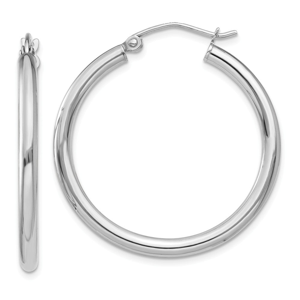 Million Charms 10K White Gold Polished 2.5mm Tube Hoop Earrings, 25mm x 2.5mm