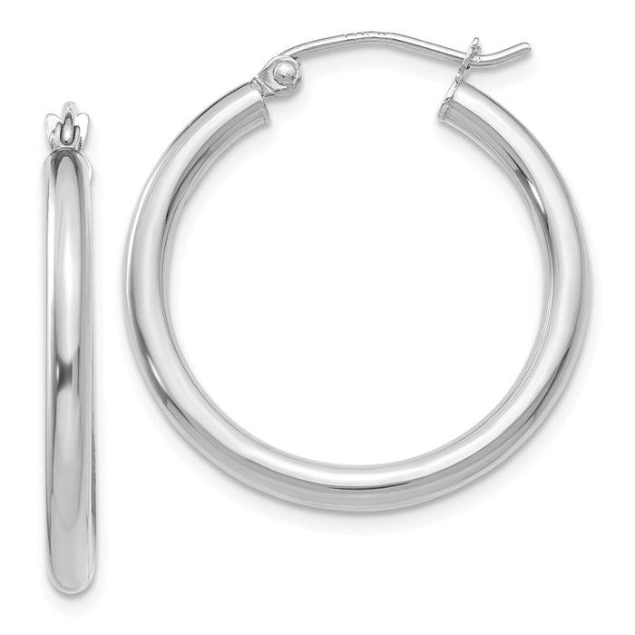 Million Charms 14K White Gold Polished 2.5mm Lightweight Tube Hoop Earrings, 25mm x 2.5mm