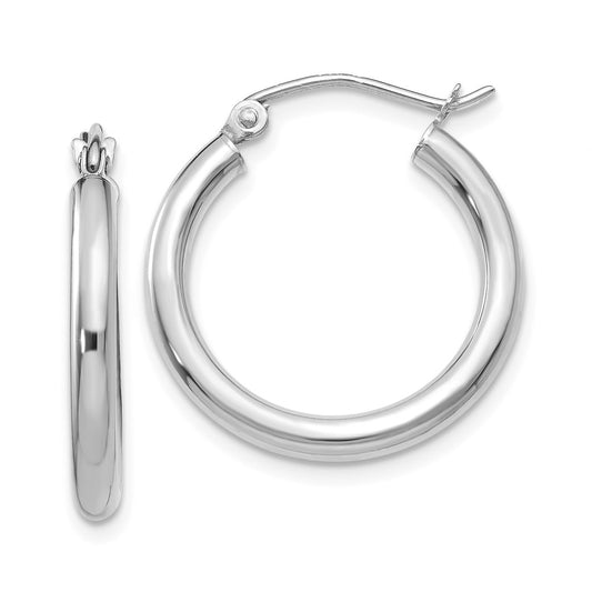 Million Charms 10K White Gold Polished 2.5mm Tube Hoop Earrings, 15mm x 2.5mm