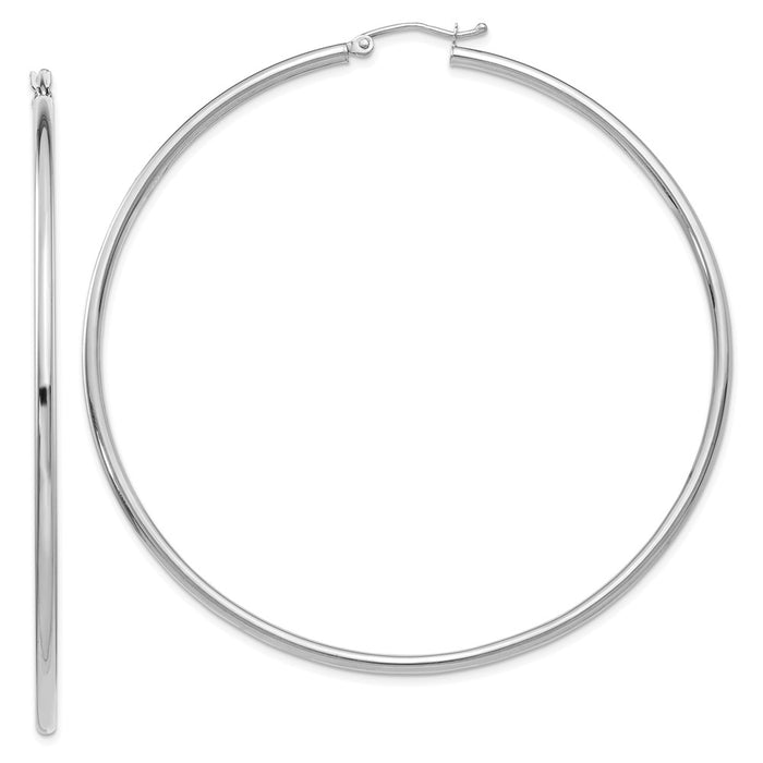 Million Charms 14K White Gold Polished 2.5mm Tube Hoop Earrings, 65mm x 2.5mm